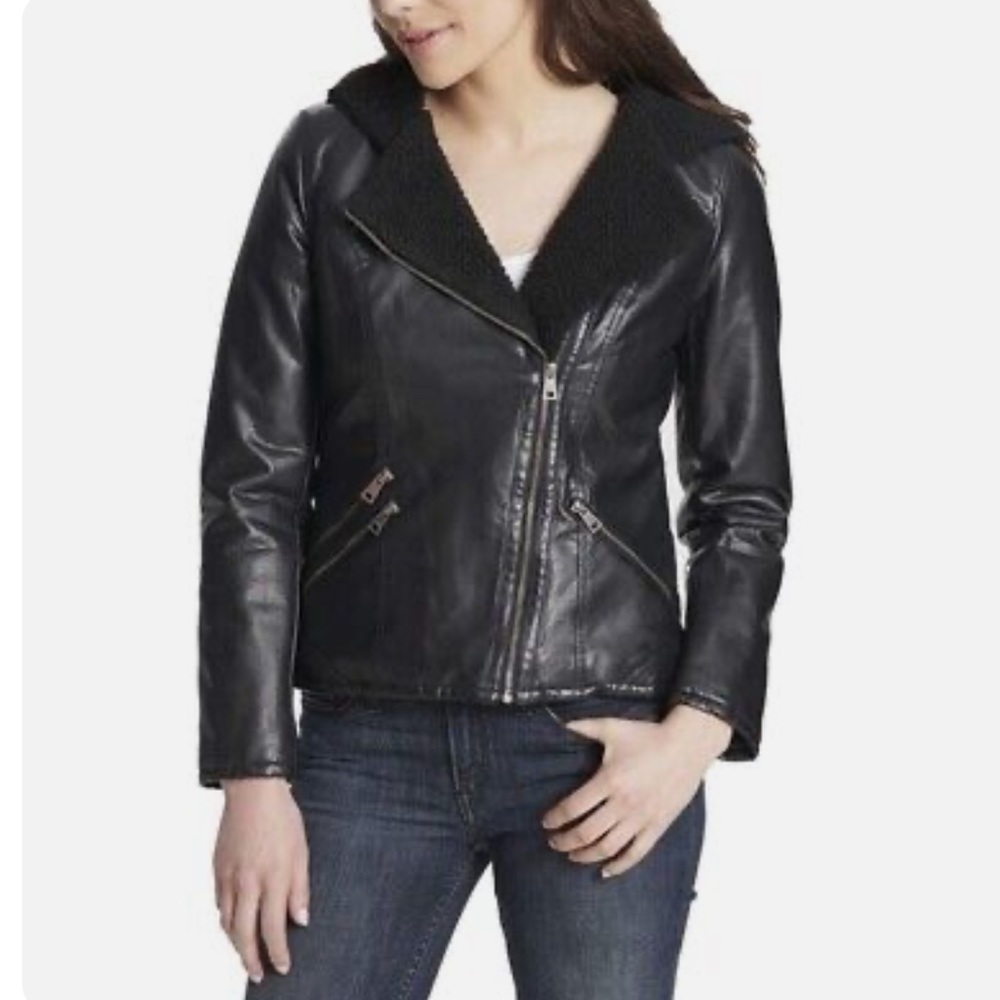 Levis Asymmetrical Sherpa Lined Faux Leather Jacket Size Medium Womens Moto Zip